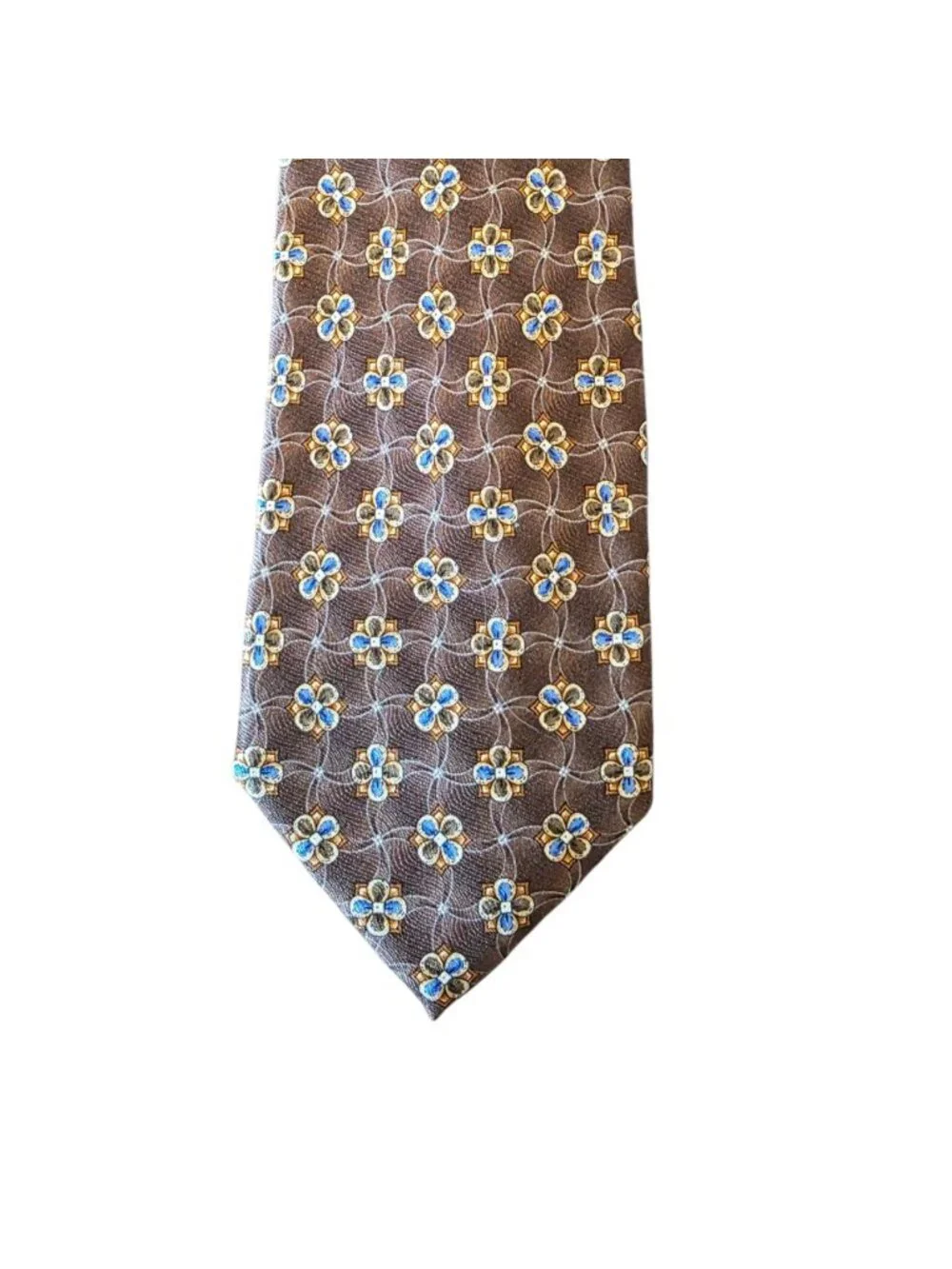Meeting Street Vintage Silk Tie Brown Blue Gold Floral Medallion Woven Necktie